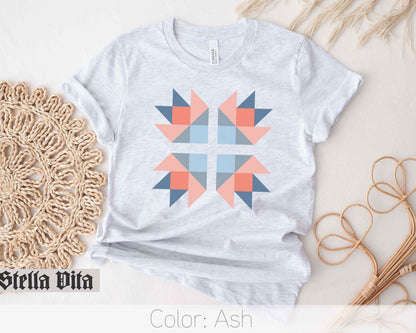 Blue and Peach Bear Paw Quilt Block T-Shirt