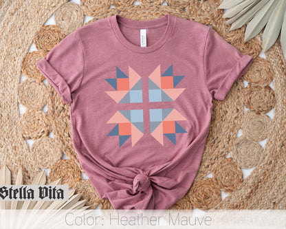 Blue and Peach Bear Paw Quilt Block T-Shirt