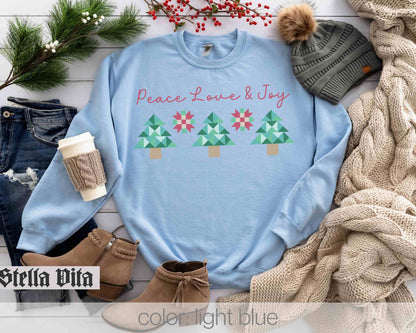 Peace Love and Joy Christmas Tree Quilt Block Sweatshirt