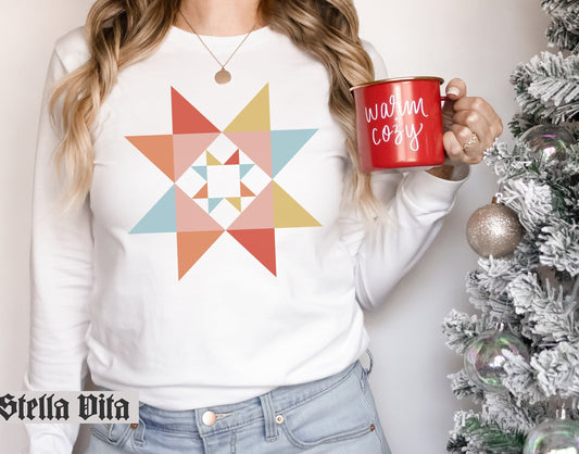 Evening Star Morning Star Quilt Block Long Sleeve Shirt