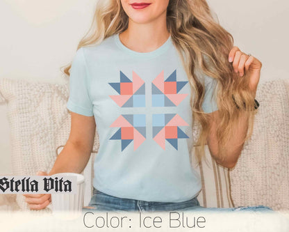 Blue and Peach Bear Paw Quilt Block T-Shirt