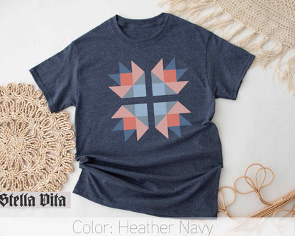 Blue and Peach Bear Paw Quilt Block T-Shirt