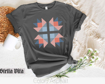 Blue and Peach Bear Paw Quilt Block T-Shirt