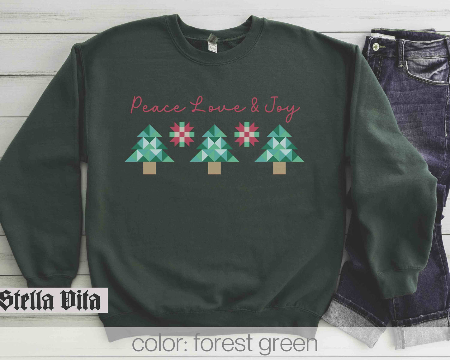Peace Love and Joy Christmas Tree Quilt Block Sweatshirt
