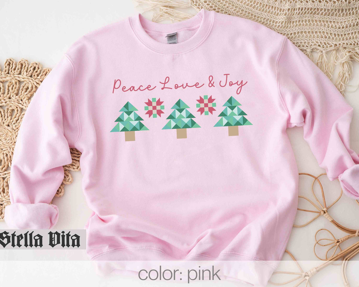 Peace Love and Joy Christmas Tree Quilt Block Sweatshirt