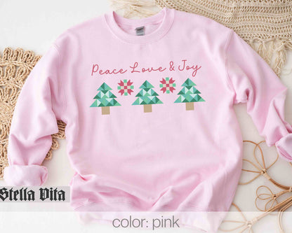 Peace Love and Joy Christmas Tree Quilt Block Sweatshirt