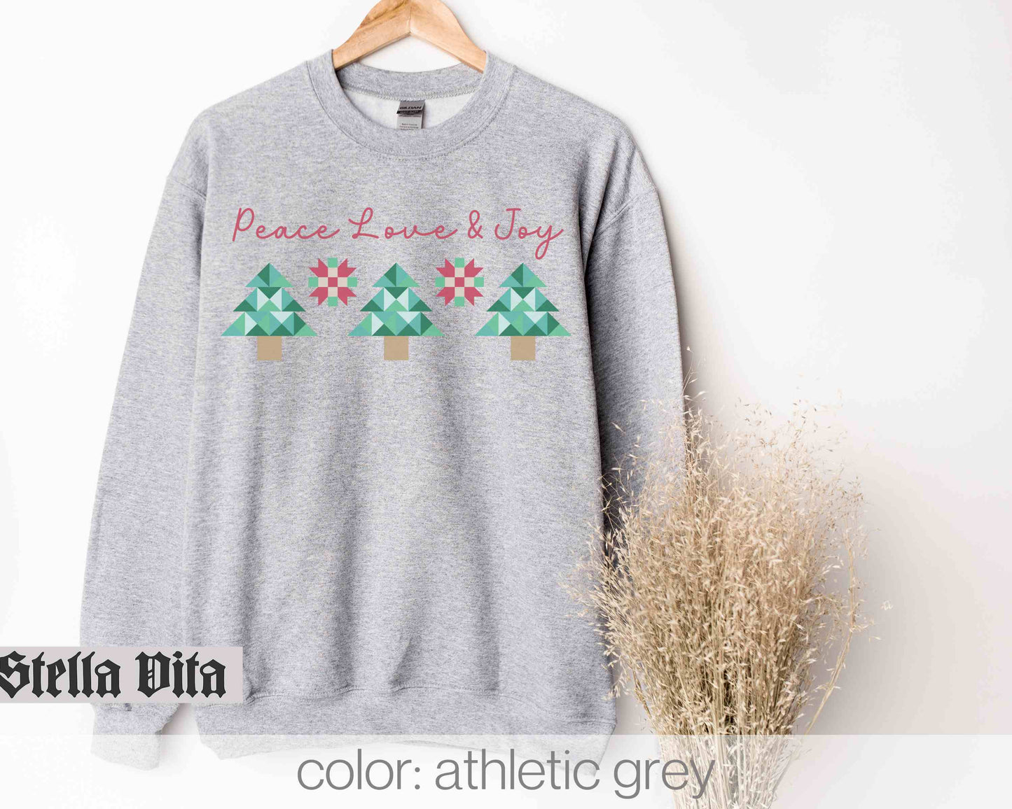 Peace Love and Joy Christmas Tree Quilt Block Sweatshirt