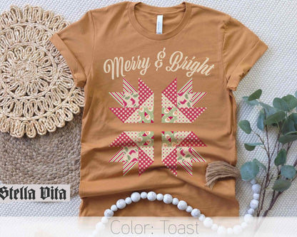 Merry And Bright Christmas Quilt Block T-Shirt