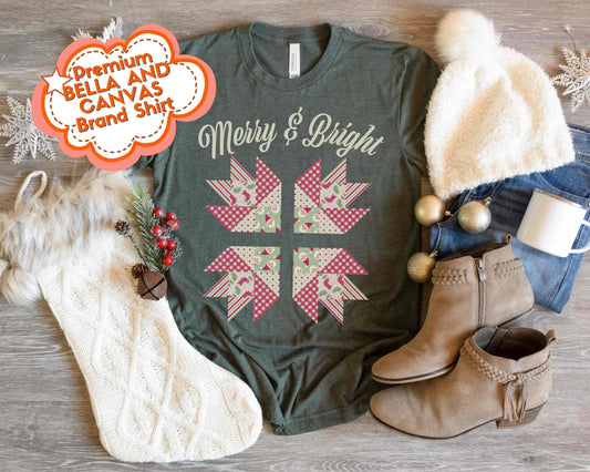 Merry And Bright Christmas Quilt Block T-Shirt