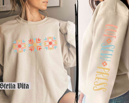 Quilt Block Sweatshirt With Cut Sew Press Arm Print