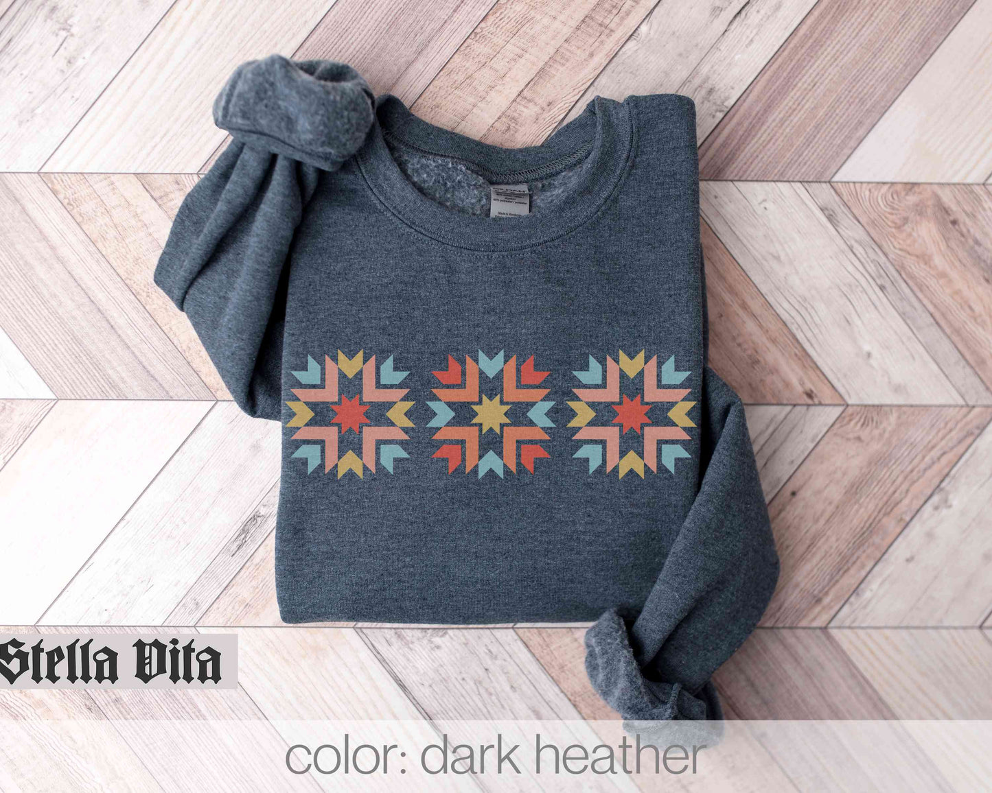 Quilt Block Sweatshirt With Cut Sew Press Arm Print