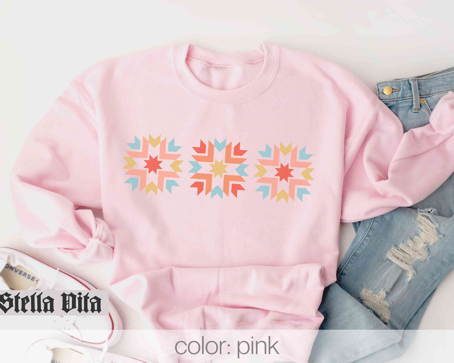 Quilt Block Sweatshirt With Cut Sew Press Arm Print
