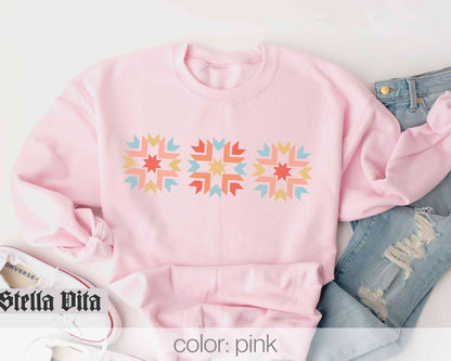 Quilt Block Sweatshirt With Cut Sew Press Arm Print