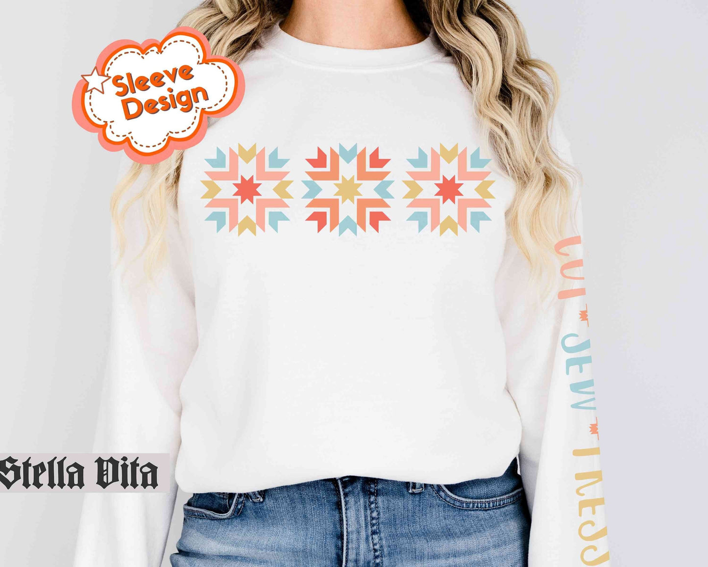 Quilt Block Sweatshirt With Cut Sew Press Arm Print