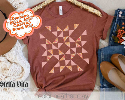 Floral Quilter T-Shirt with Interwoven Puzzle Quilt Design in Fall Colors