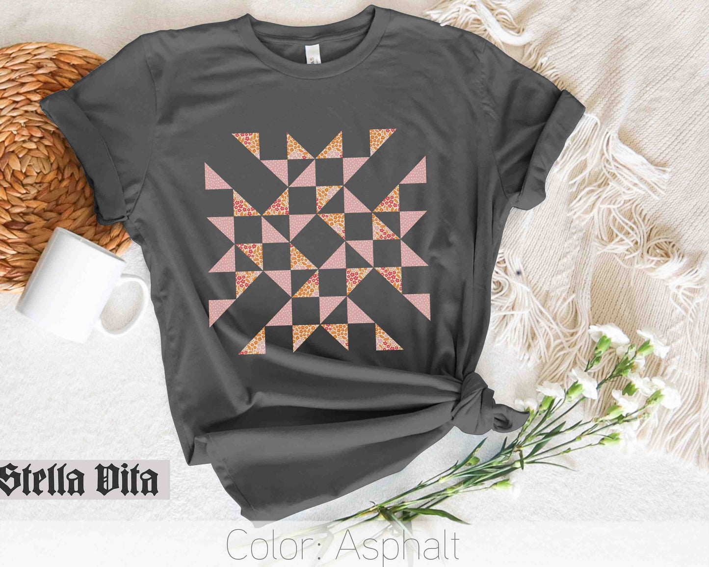 Floral Quilter T-Shirt with Interwoven Puzzle Quilt Design in Fall Colors