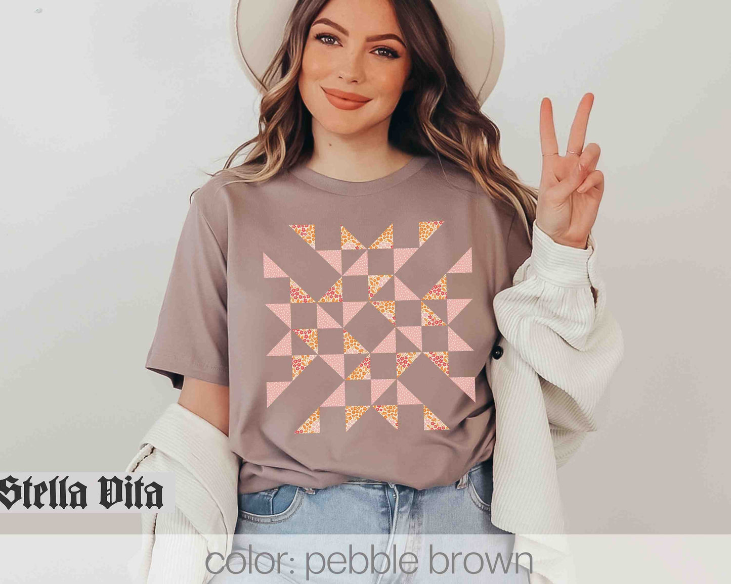 Floral Quilter T-Shirt with Interwoven Puzzle Quilt Design in Fall Colors