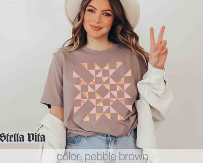 Floral Quilter T-Shirt with Interwoven Puzzle Quilt Design in Fall Colors