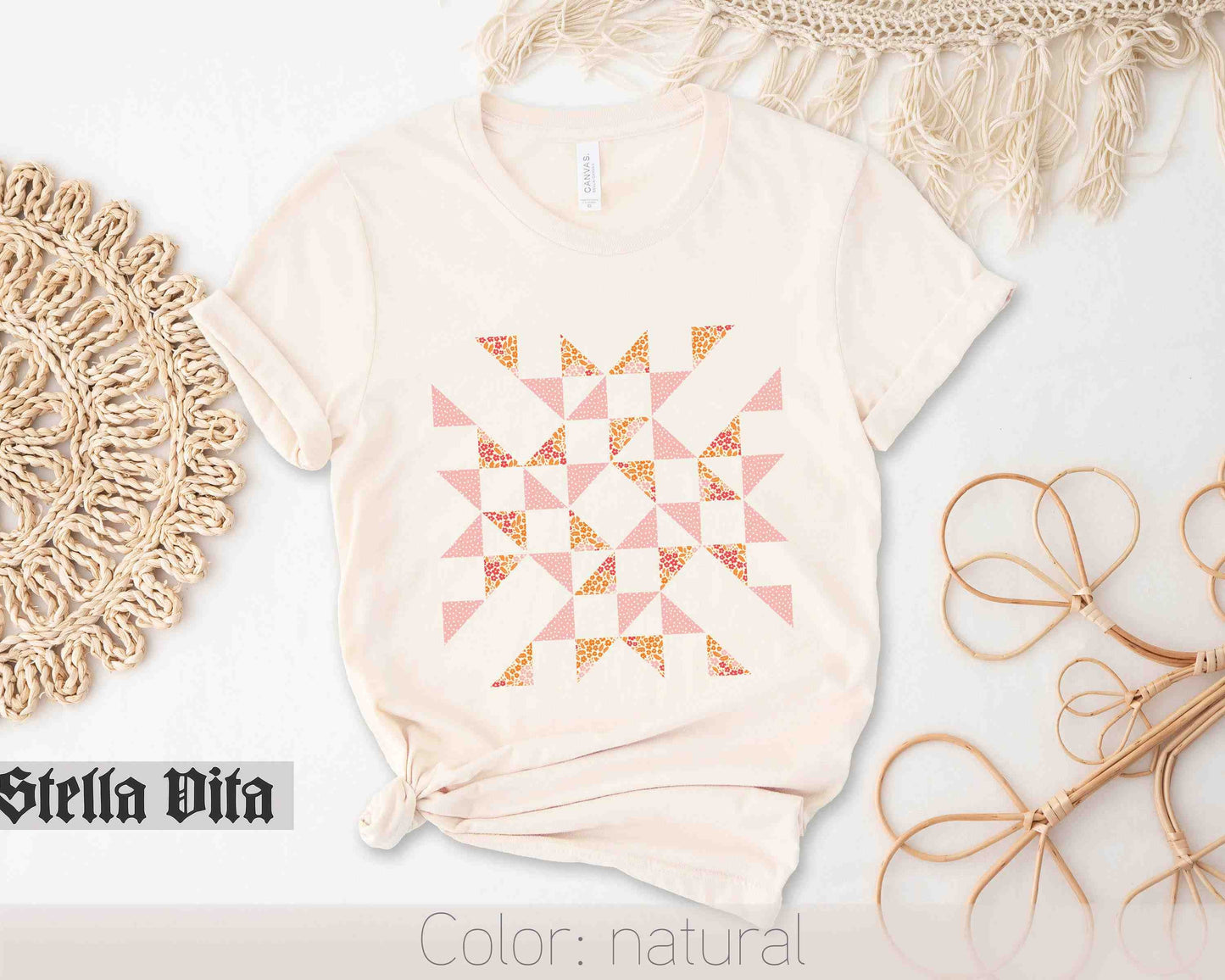 Floral Quilter T-Shirt with Interwoven Puzzle Quilt Design in Fall Colors