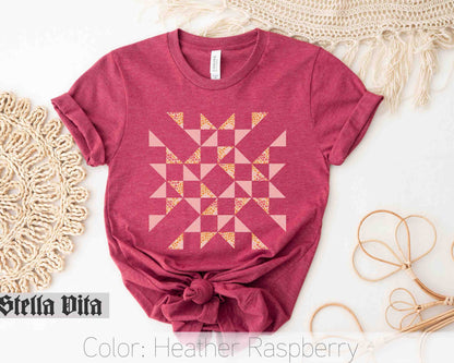 Floral Quilter T-Shirt with Interwoven Puzzle Quilt Design in Fall Colors