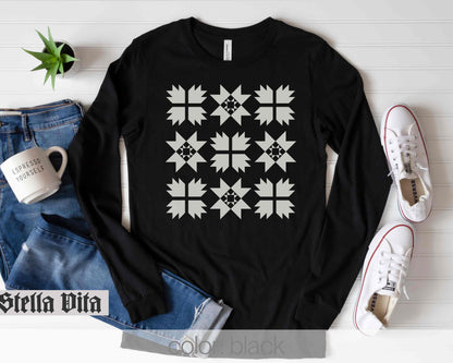 Monochromatic Cream Nine Block Quilt Long Sleeve Shirt