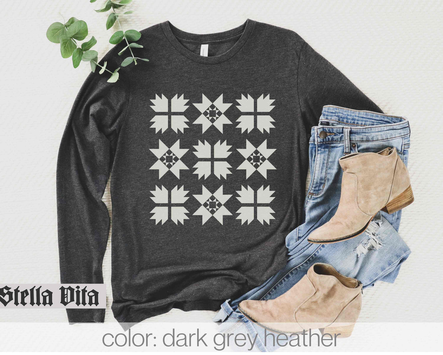 Monochromatic Cream Nine Block Quilt Long Sleeve Shirt