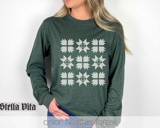 Monochromatic Cream Nine Block Quilt Long Sleeve Shirt