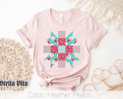 Santa Quilt Block Star Christmas T-Shirt