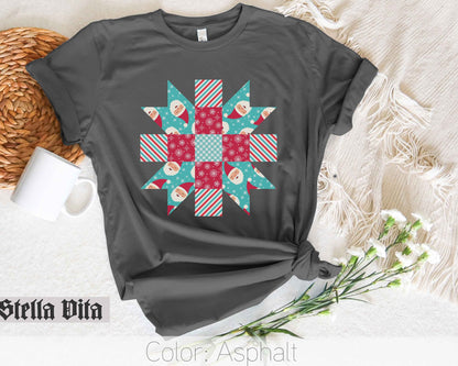 Santa Quilt Block Star Christmas T-Shirt