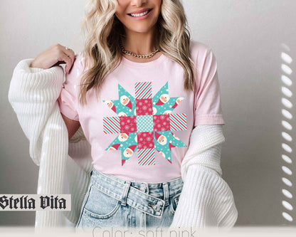 Santa Quilt Block Star Christmas T-Shirt