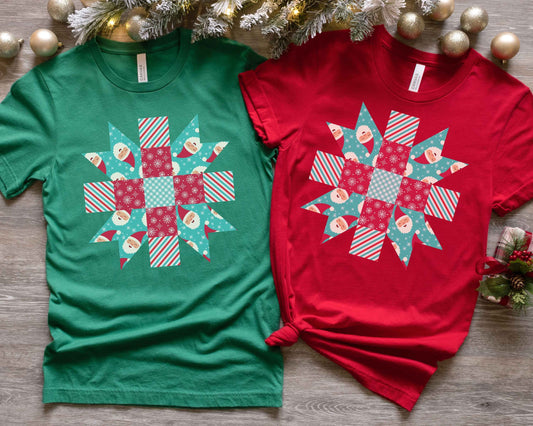 Santa Quilt Block Star Christmas T-Shirt
