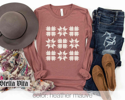 Monochromatic Cream Nine Block Quilt Long Sleeve Shirt