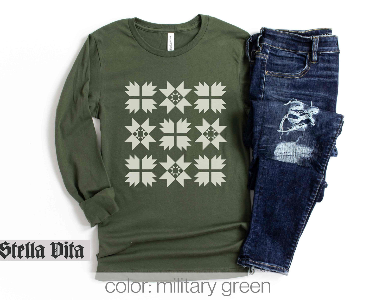 Monochromatic Cream Nine Block Quilt Long Sleeve Shirt