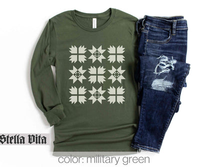 Monochromatic Cream Nine Block Quilt Long Sleeve Shirt