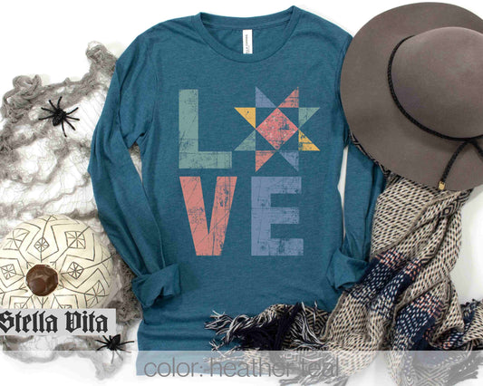 Love Quilt Block Distressed Long Sleeve Shirt