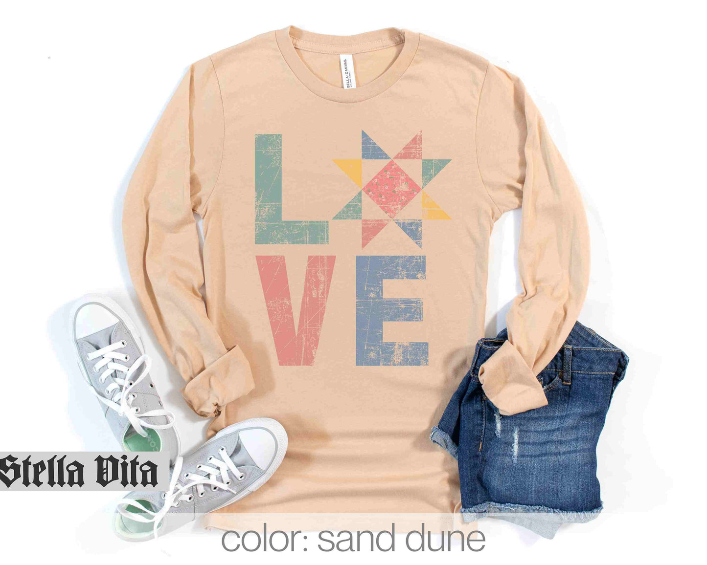 Love Quilt Block Distressed Long Sleeve Shirt