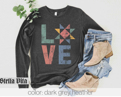 Love Quilt Block Distressed Long Sleeve Shirt