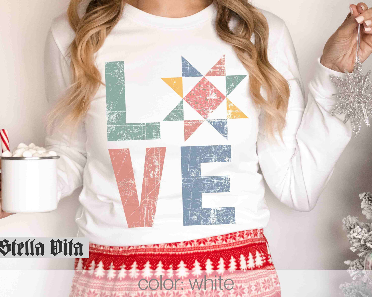 Love Quilt Block Distressed Long Sleeve Shirt